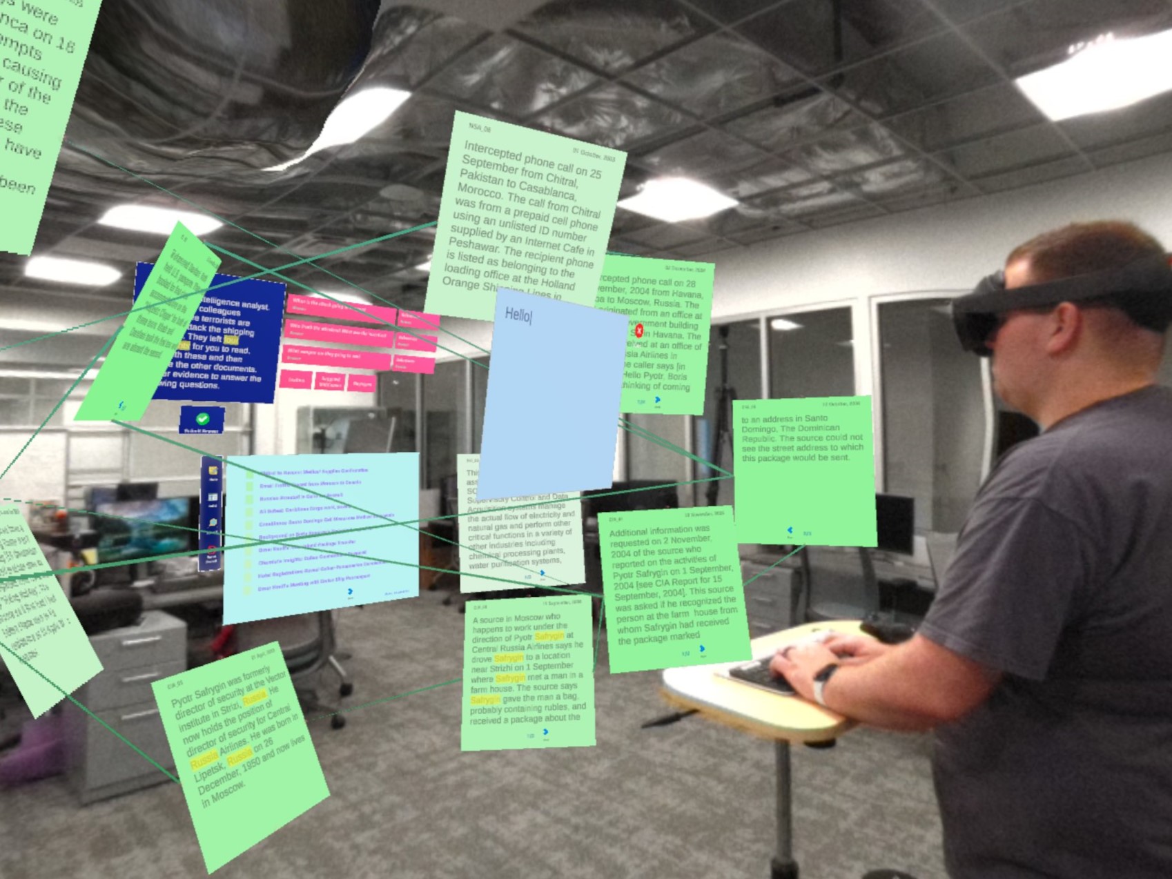 A person using the Gaze Aware analysis tool to solve a sensemaking puzzle